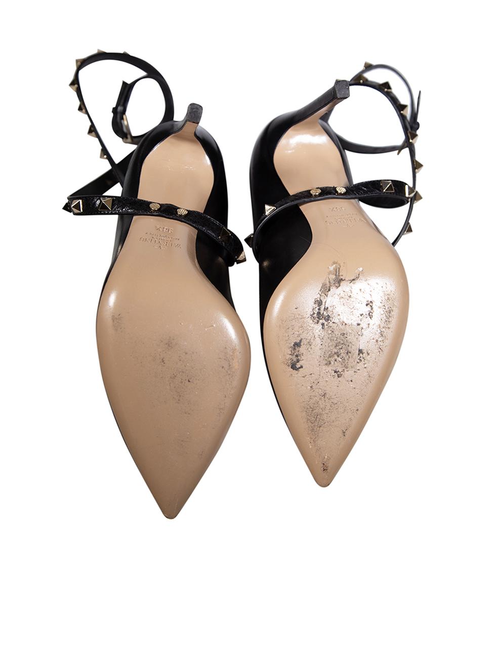 Women's Valentino Black Leather Rockstud Strap Heels Size IT 38.5 For Sale