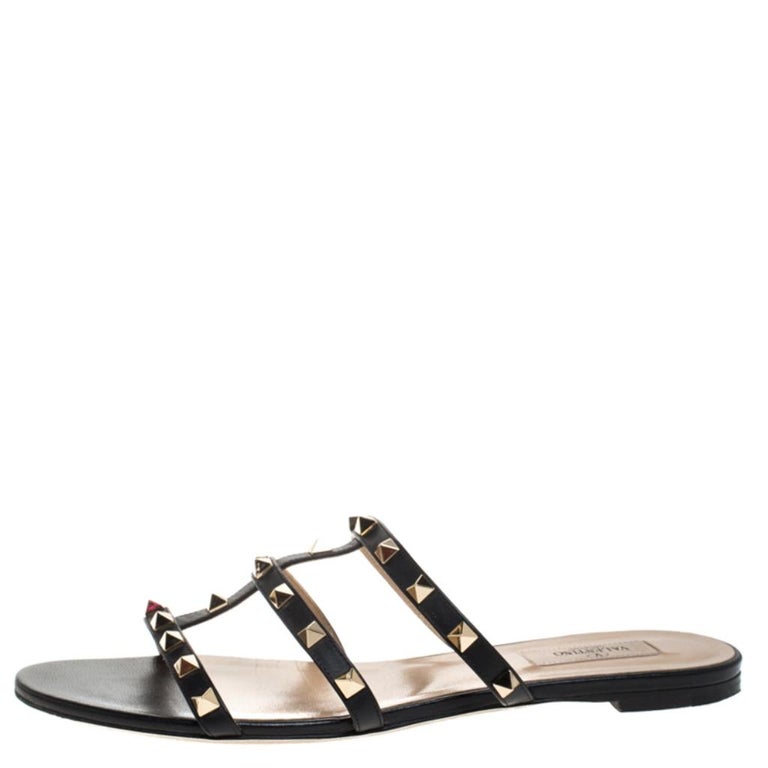 Valentino Black Leather Rockstud Strappy Flats Size 40.5 For Sale at ...