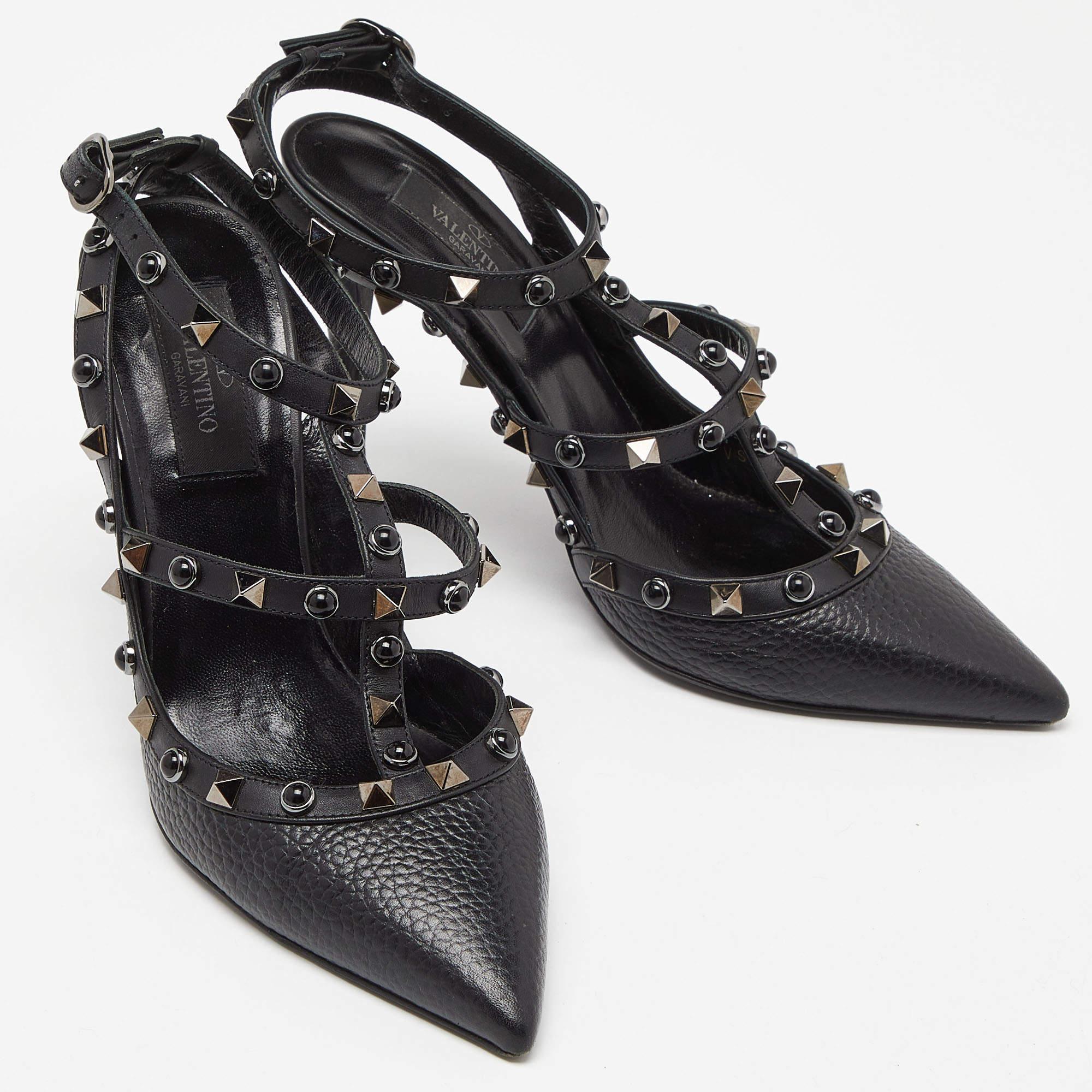 Valentino Black Leather Rockstud Strappy Pointed Toe Pumps Size 37.5 For Sale 1