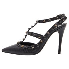 Valentino Black Leather Rockstud Strappy Pointed Toe Pumps Size 37.5