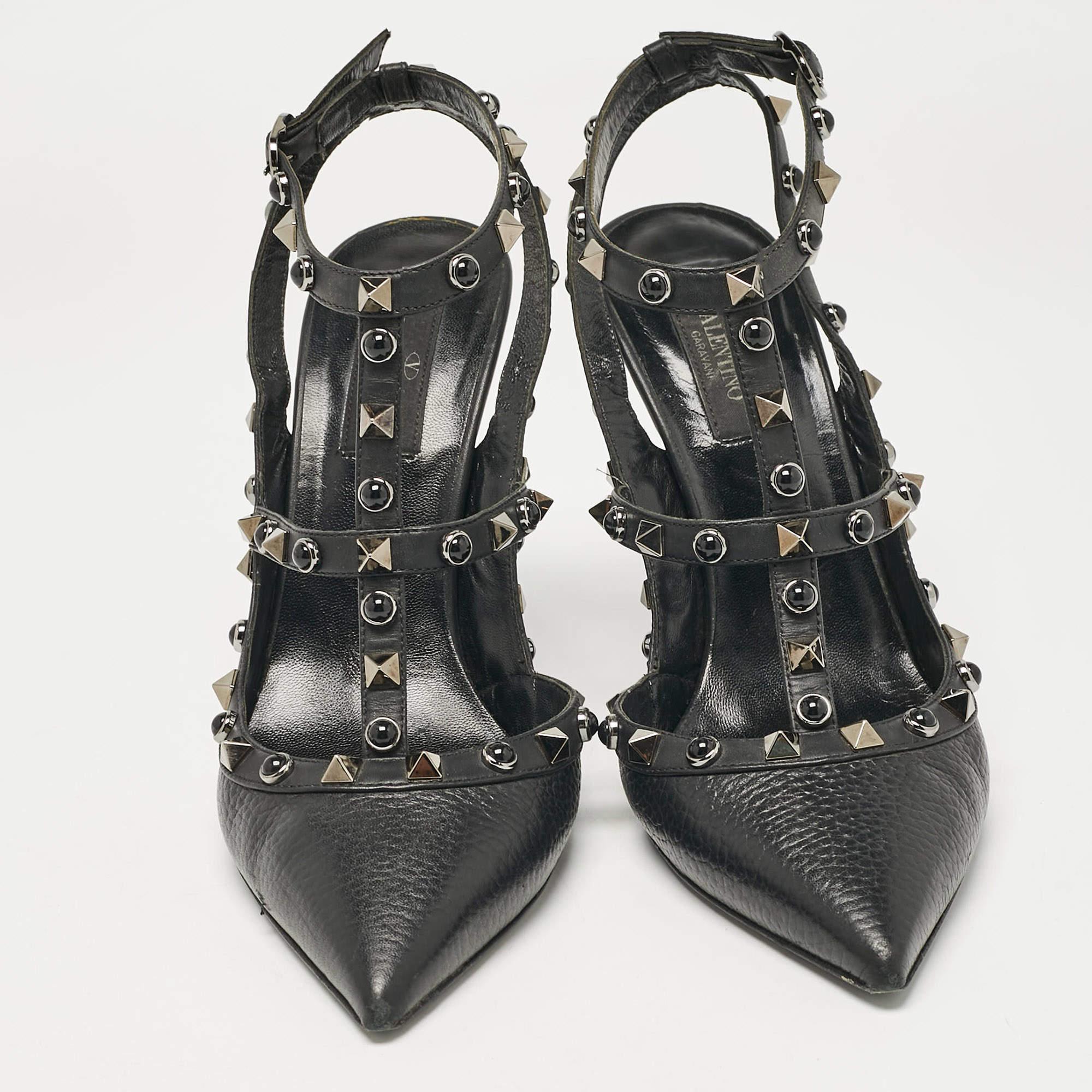 Valentino Black Leather Rockstud Strappy Pointed Toe Pumps Size 39 Negro en venta