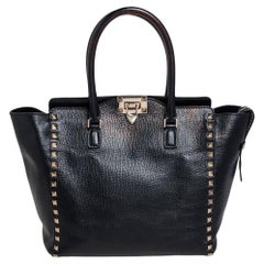 Valentino Black Leather Rockstud Trapeze Tote