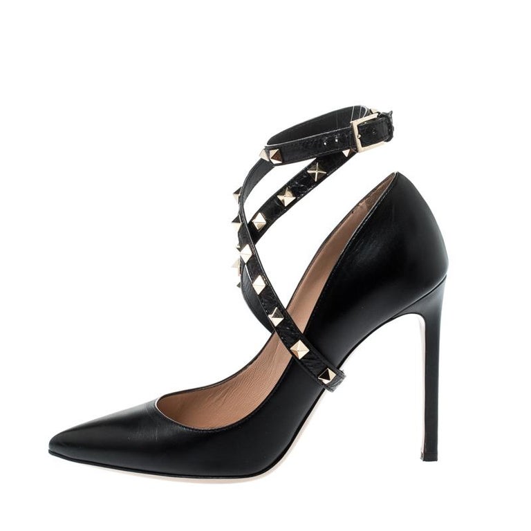 Valentino Black Leather Rockstud Trim Ankle Wrap Pointed Toe Pumps Size ...