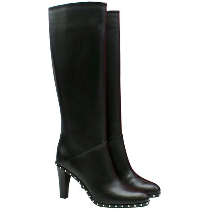 Valentino Black Leather Rockstud Trim Knee Boots 40 EU For Sale