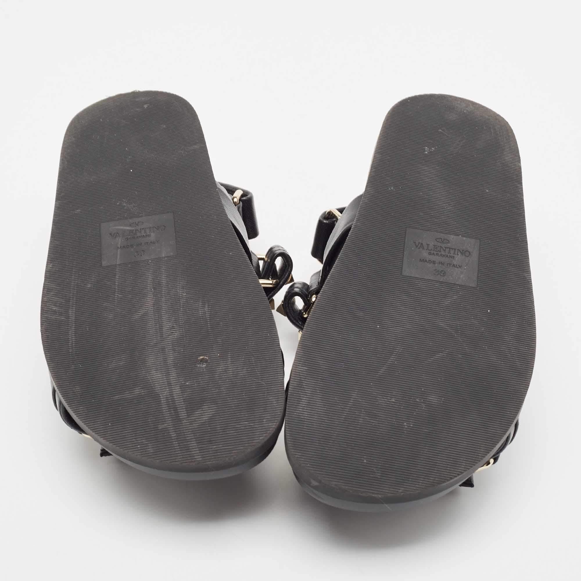 Women's Valentino Black Leather Rockstud Velcro Slingback Flat Sandals Size 39