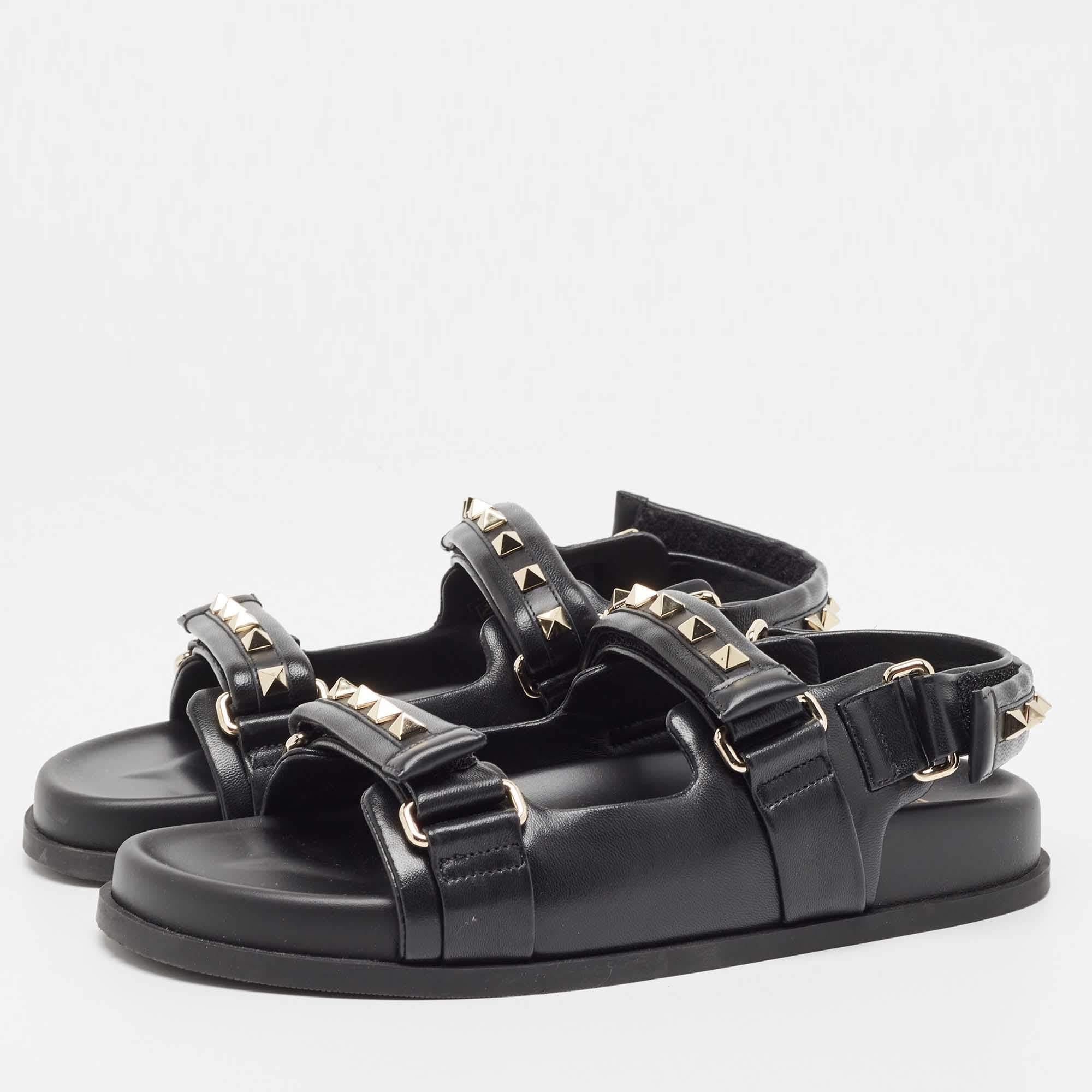 Valentino Black Leather Rockstud Velcro Slingback Flat Sandals Size 39 1