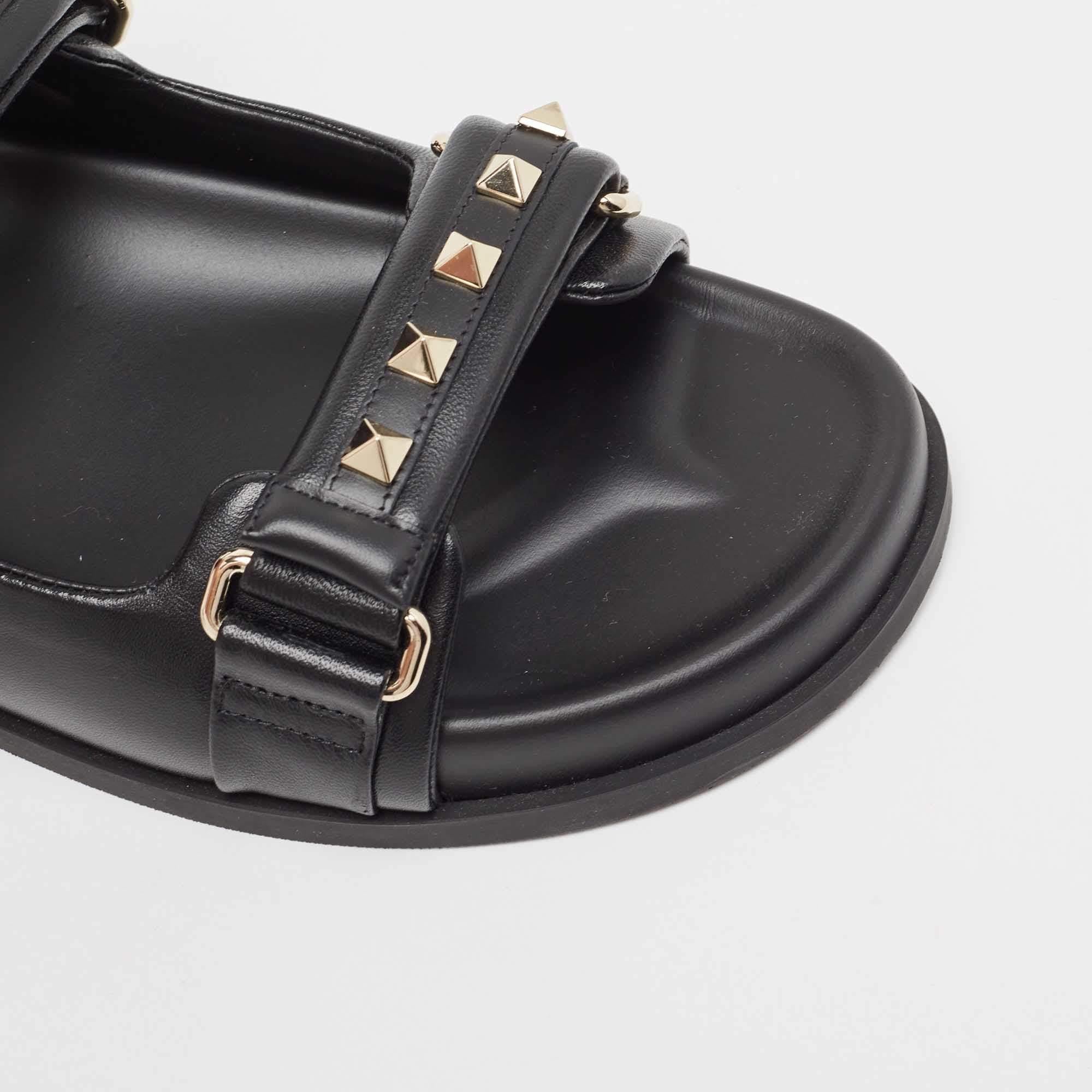 Valentino Black Leather Rockstud Velcro Slingback Flat Sandals Size 39 2