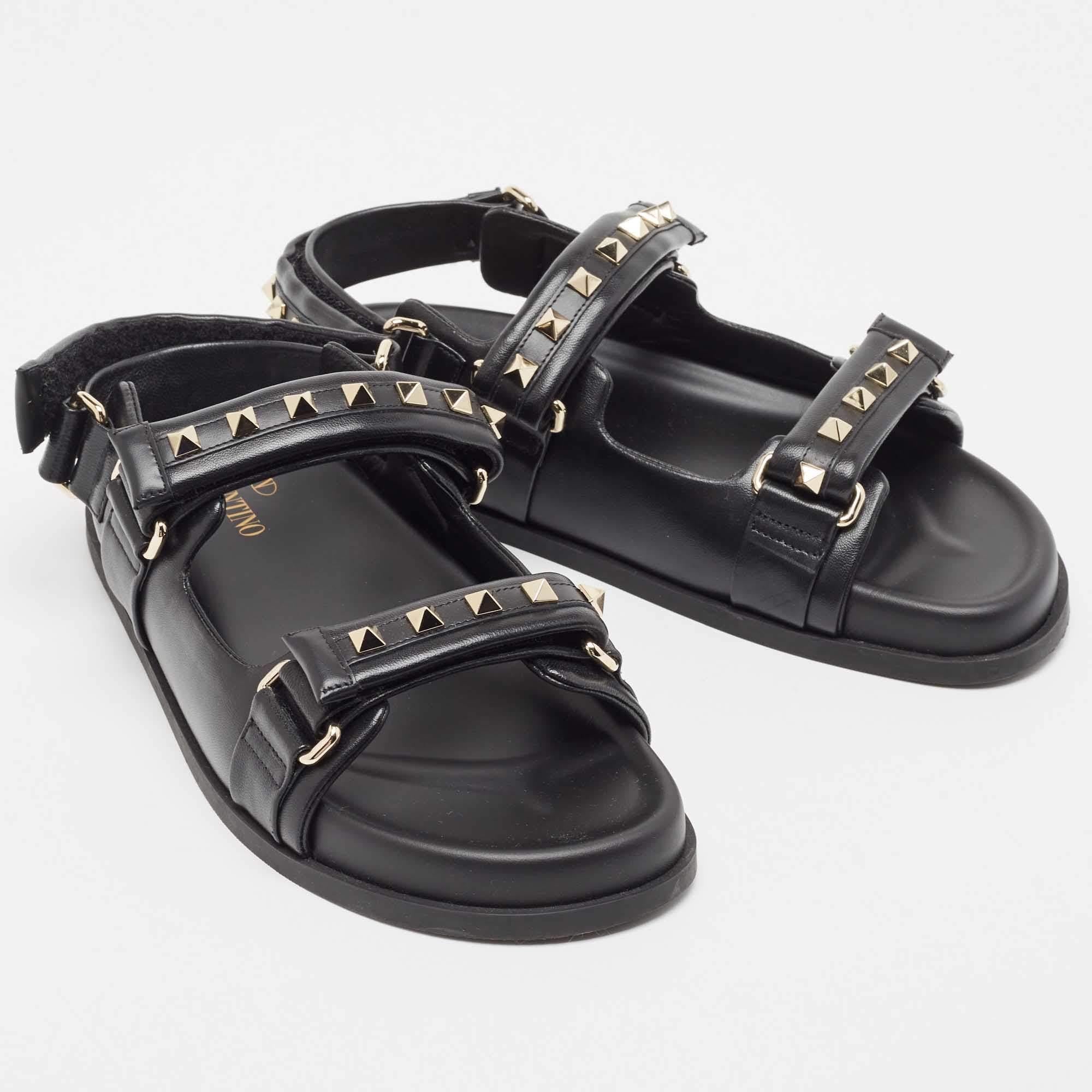 Valentino Black Leather Rockstud Velcro Slingback Flat Sandals Size 39 4