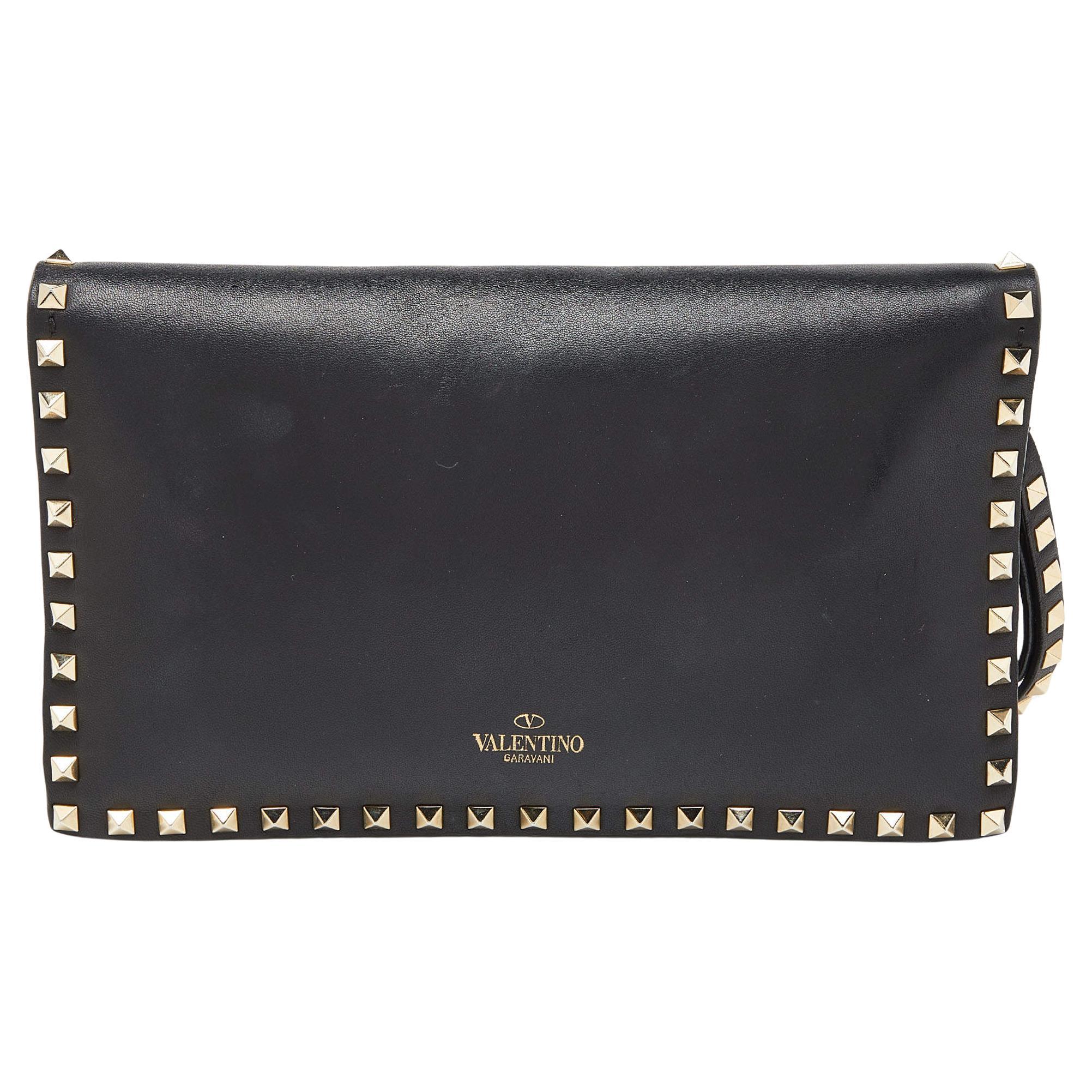 Valentino Black Leather Rockstud Wristlet Clutch