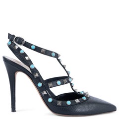 VALENTINO Schwarze Leder ROLLING ROCKSTUD ANKLE STRAP Pumps Schuhe 37,5