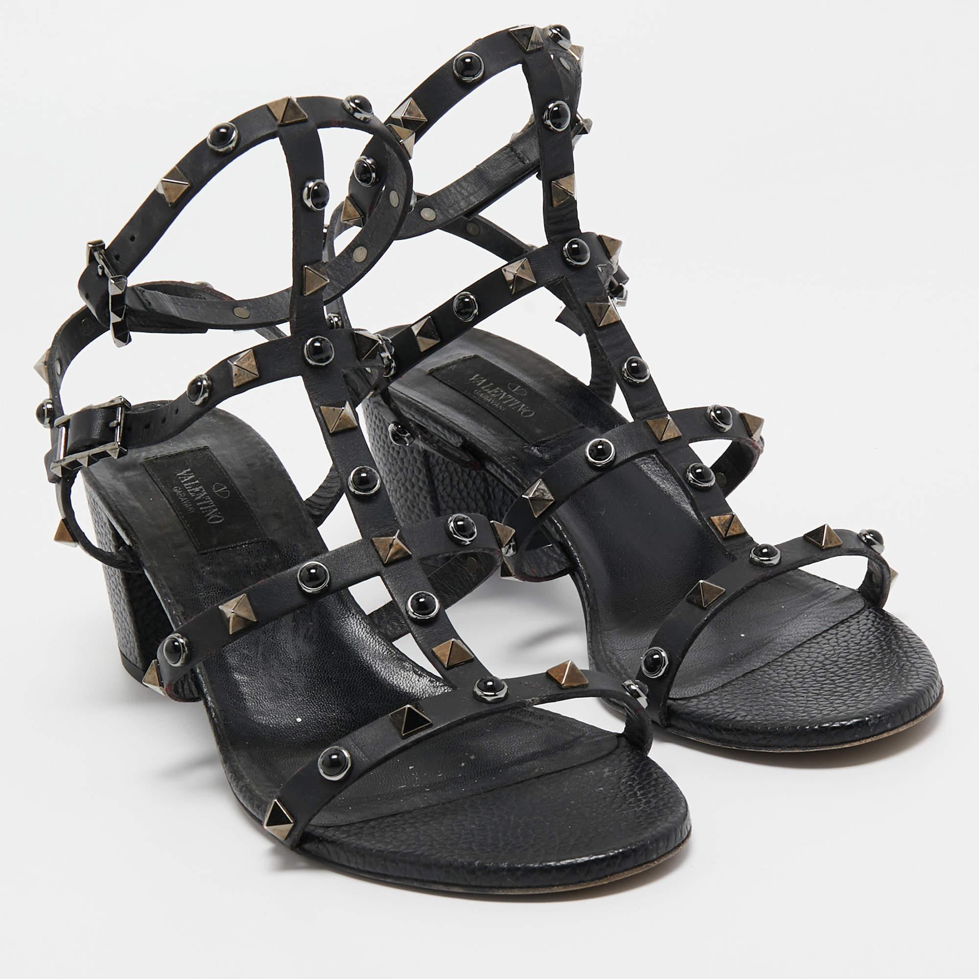 Valentino Black Leather Rolling Rockstud Ankle Strap Sandals Size 40 4