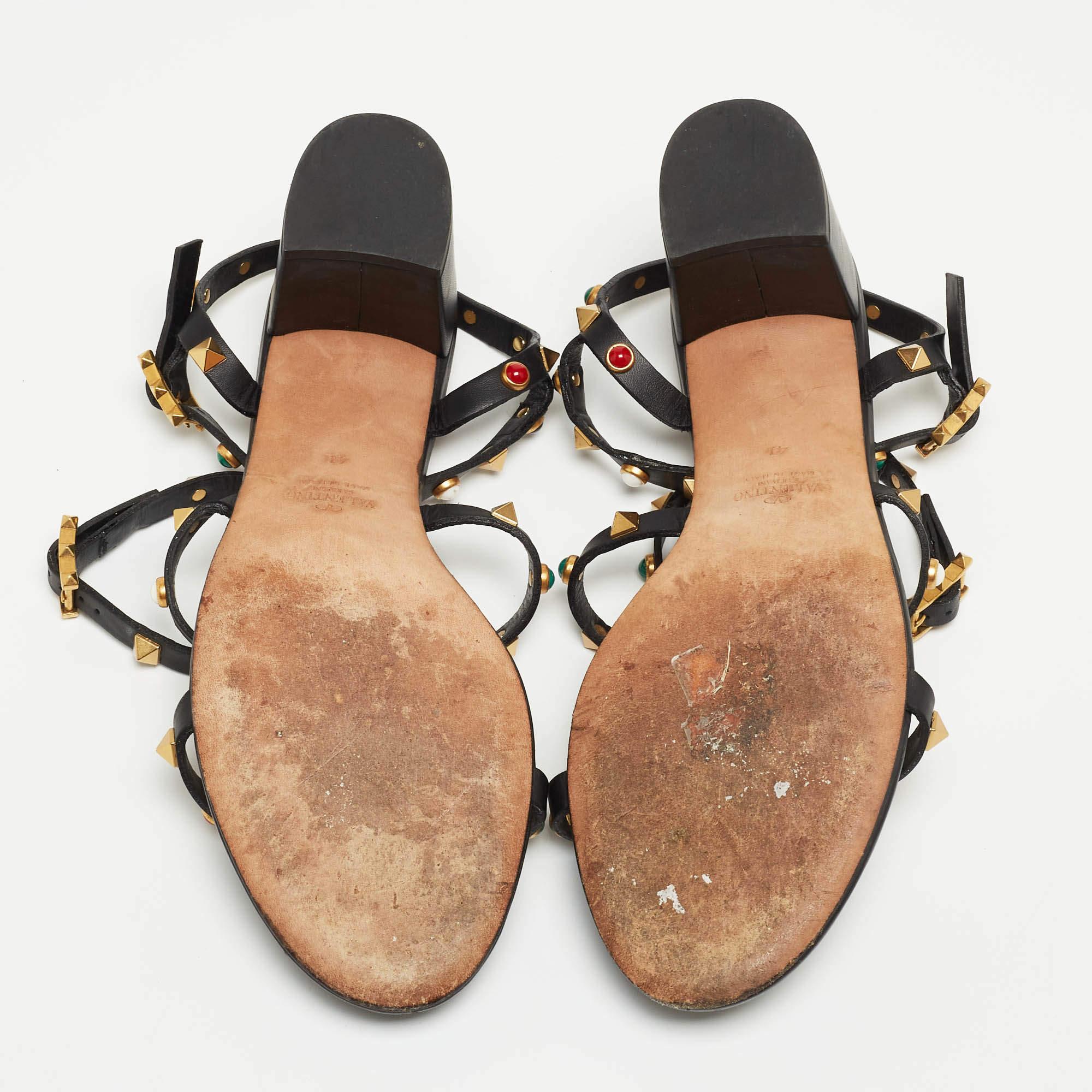 Men's Valentino Black Leather Rolling Rockstud Ankle Strap Sandals Size 41
