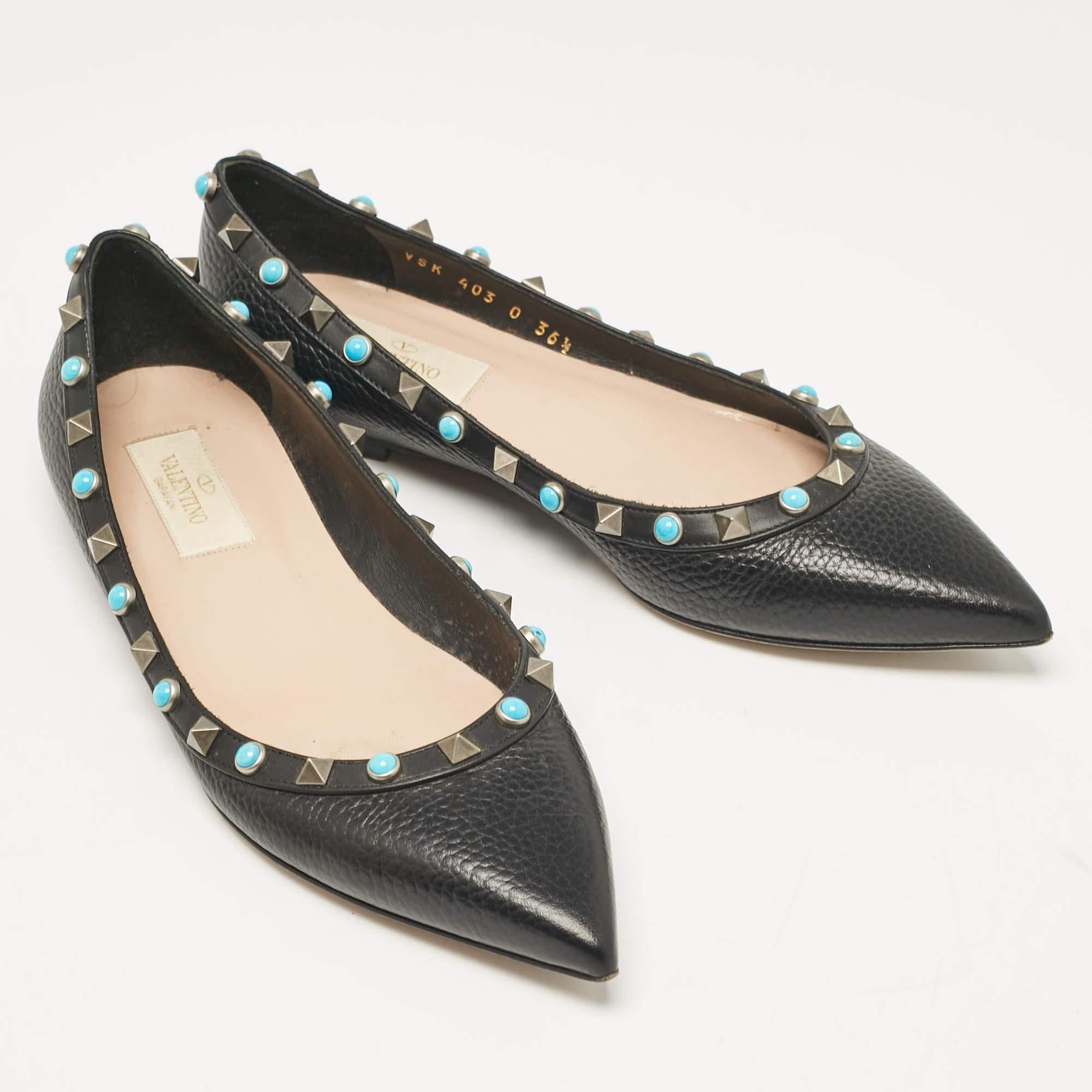 Women's Valentino Black Leather Rolling Rockstud Ballet Flats Size 36.5 For Sale