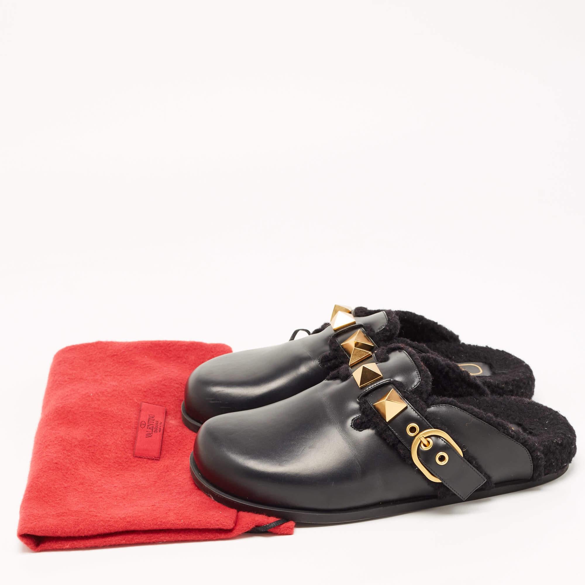 Valentino Black Leather Roman Stud Buckle Detail Flat Mules Size 38.5 3