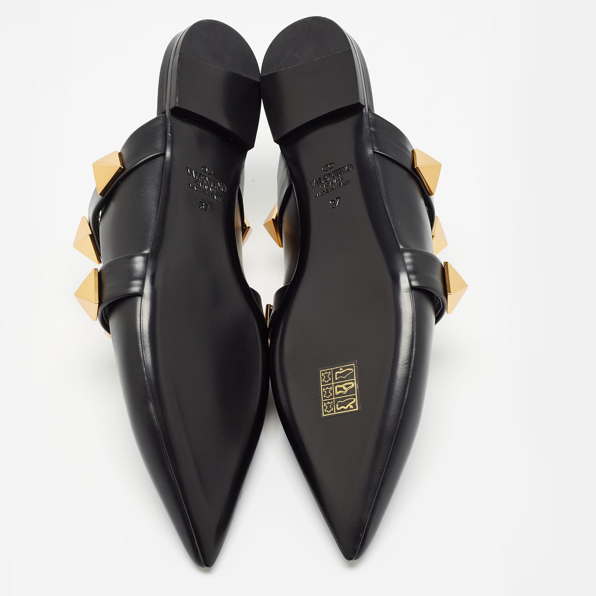 Valentino Black Leather Roman Stud Flat Mules Size 37 For Sale 1