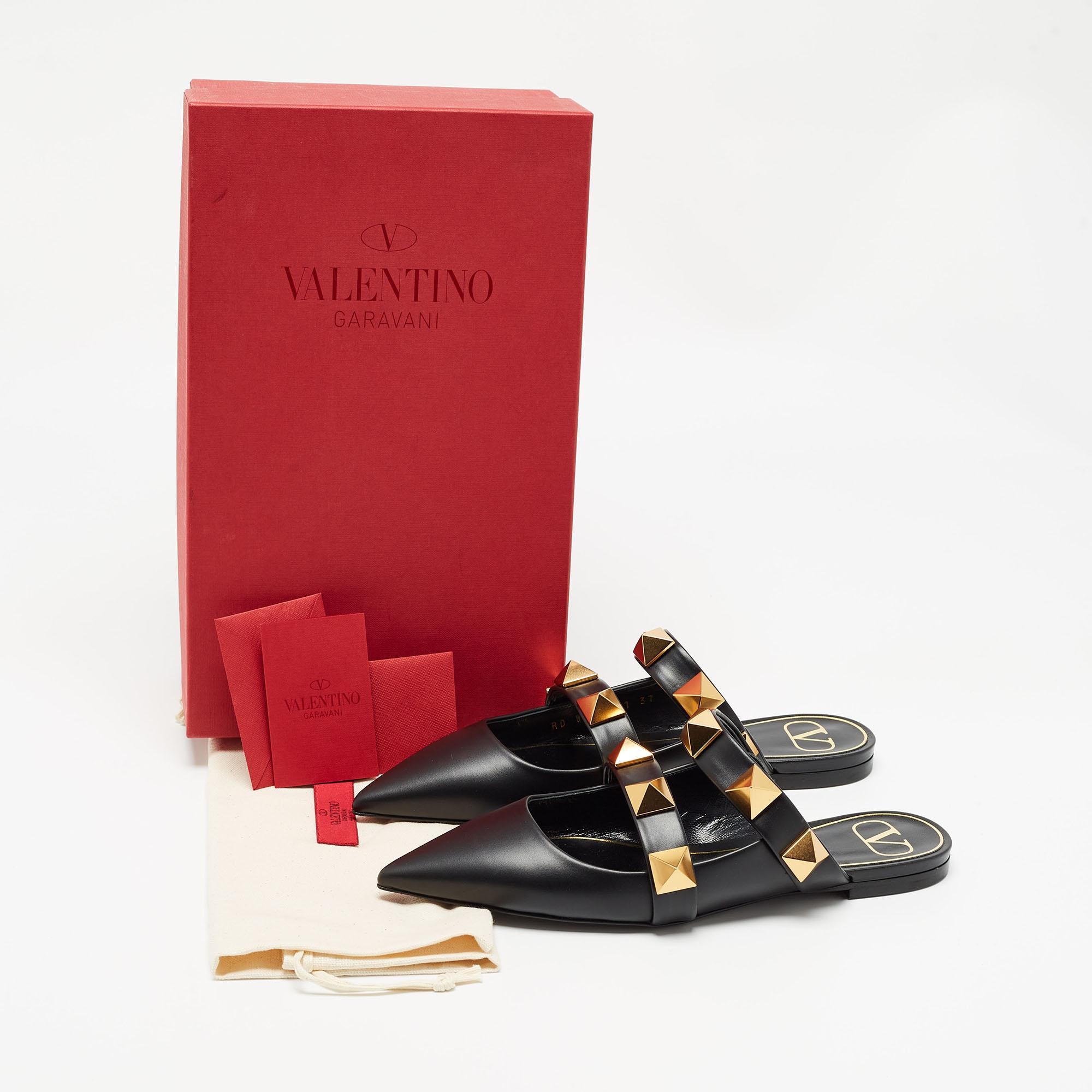 Valentino Black Leather Roman Stud Flat Mules Size 37 For Sale 5