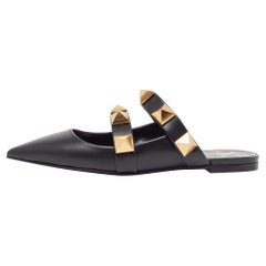 Valentino Black Leather Roman Stud Flat Mules Size 37