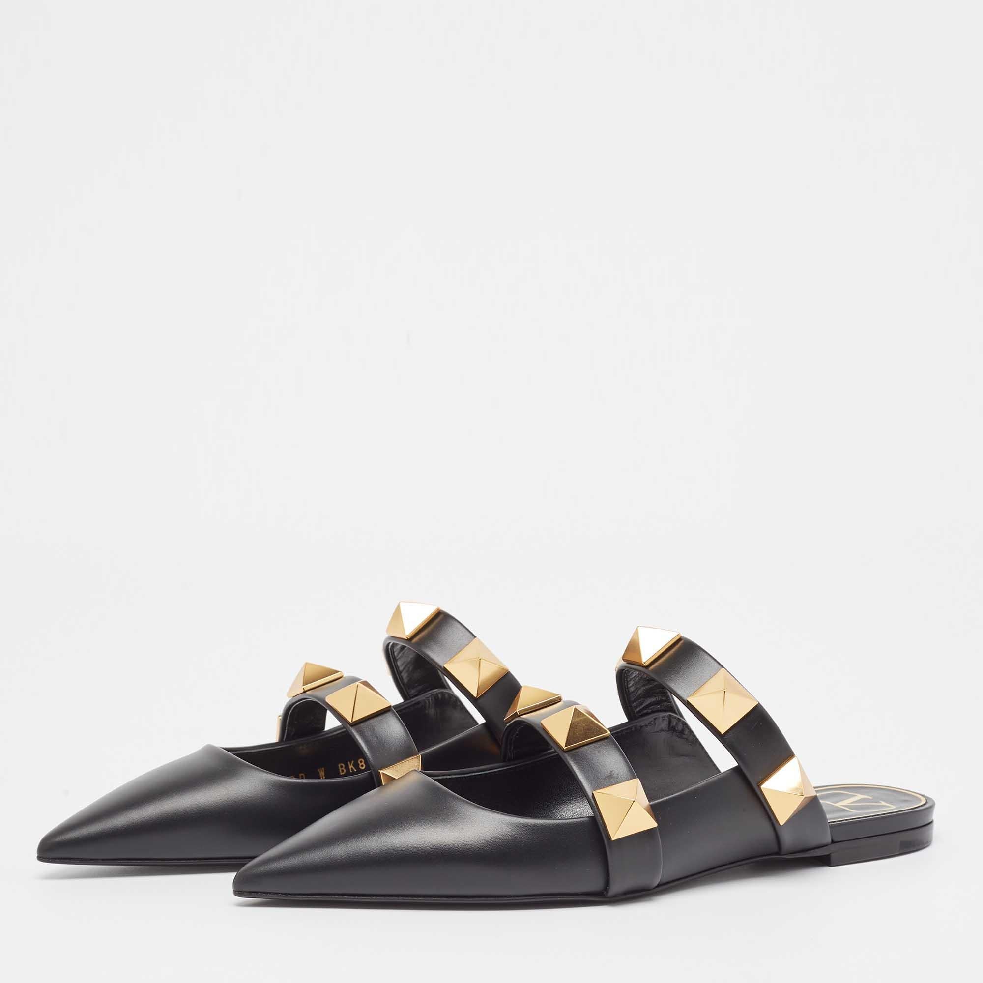 Valentino Black Leather Roman Stud Flat Mules Size 38 For Sale 4
