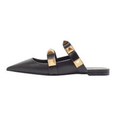 Valentino Black Leather Roman Stud Flat Mules Size 38