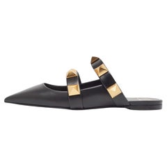Valentino Black Leather Roman Stud Flat Mules Size 38