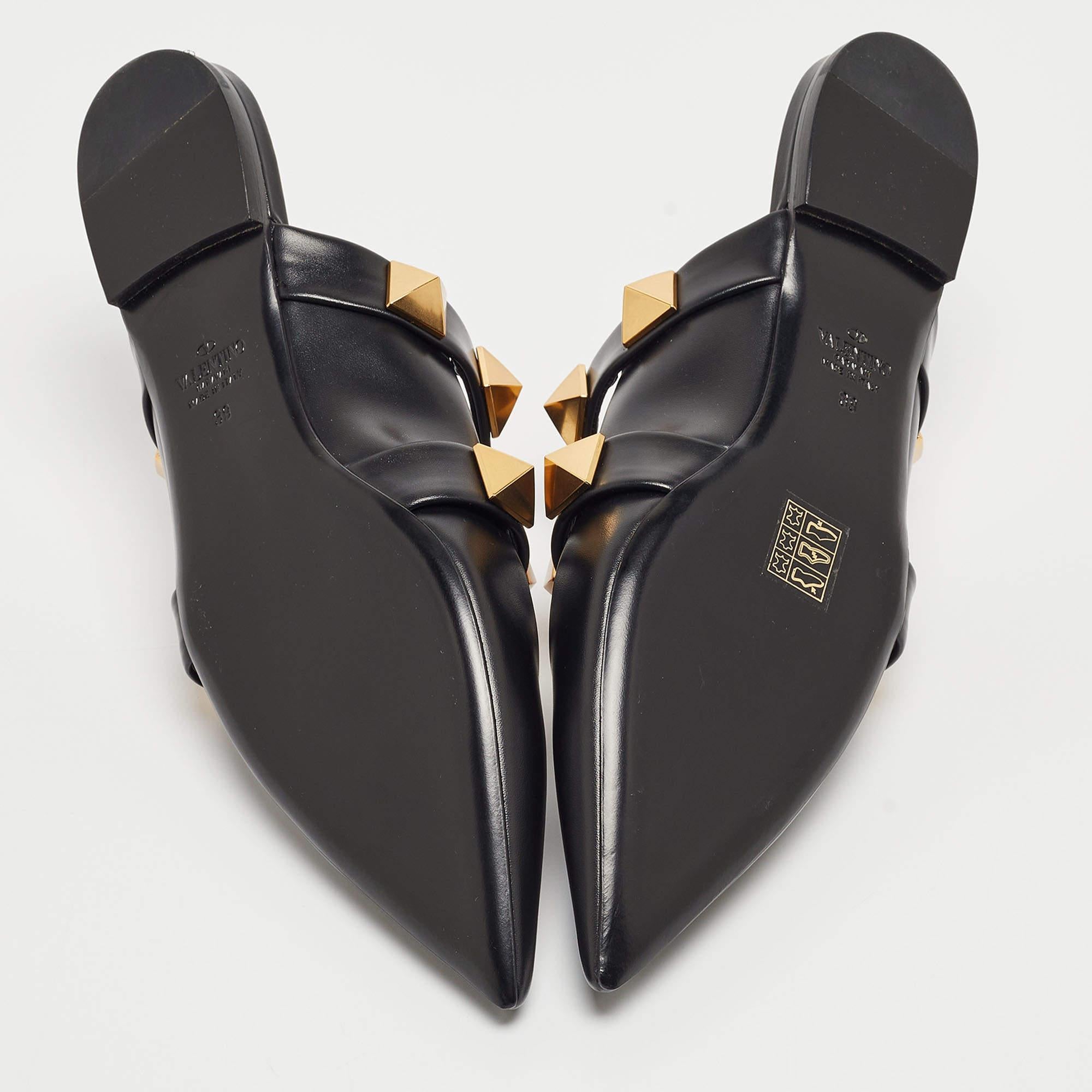 Valentino Black Leather Roman Stud Flat Mules Size 39 5
