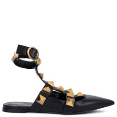 VALENTINO black leather ROMAN STUD Flats Shoes 39.5