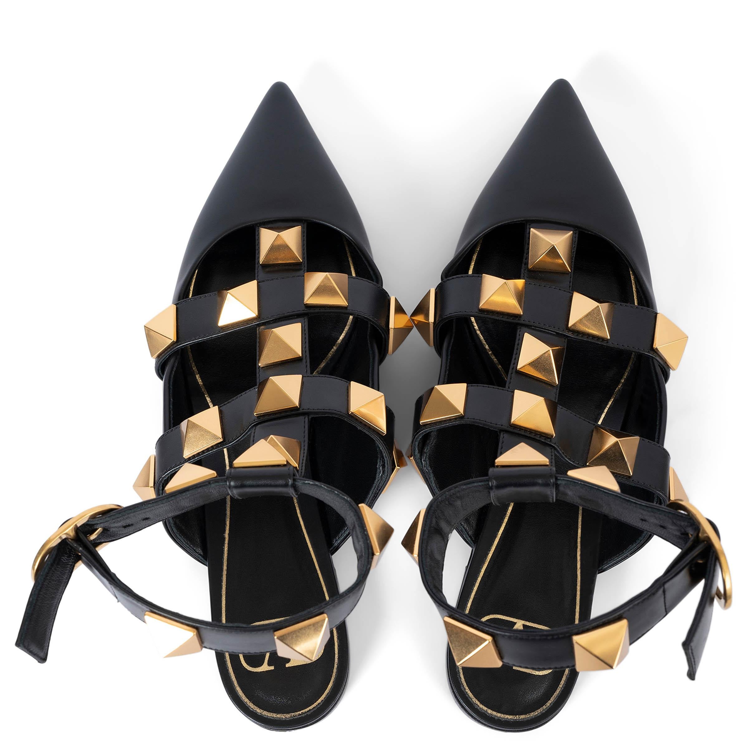VALENTINO black leather ROMAN STUD Flats Shoes 39.5 For Sale 1