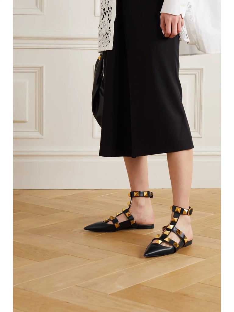 VALENTINO black leather ROMAN STUD Flats Shoes For Sale at
