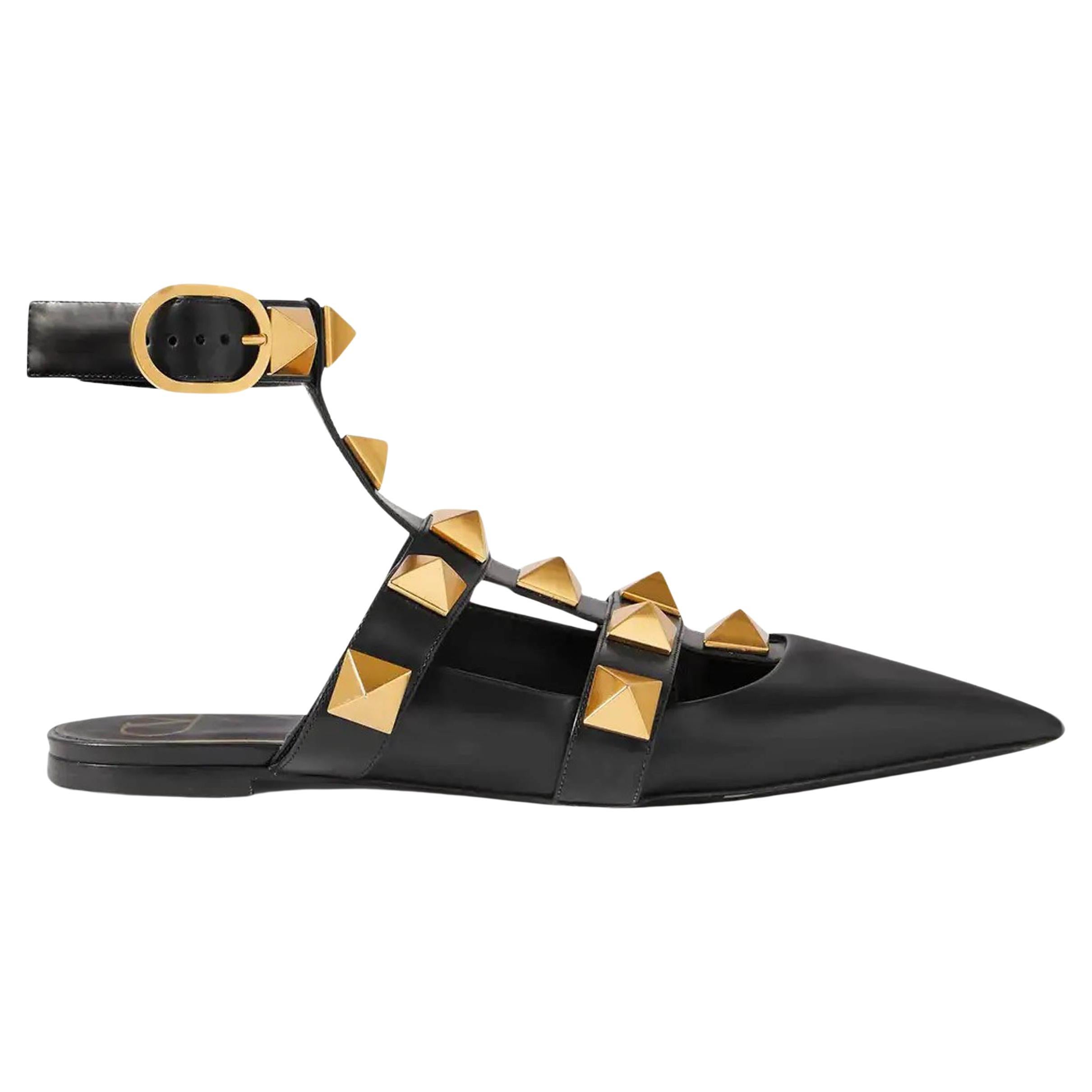 VALENTINO black leather ROMAN STUD Flats Shoes 39.5 For Sale