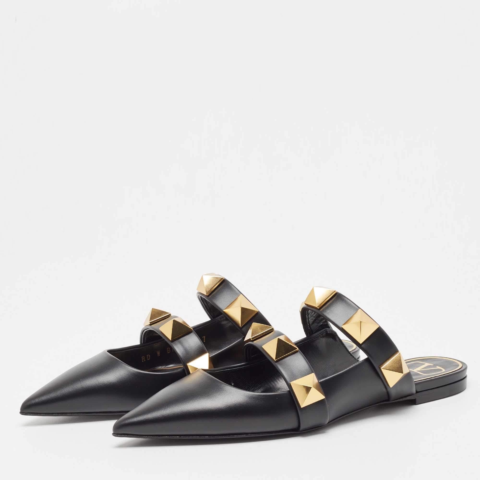 Valentino Black Leather Roman Stud Pointed Toe Flat Sandals Size 37 1