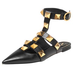 Valentino Black Leather Roman Stud Pointed Toe Flat Sandals Size 37.5
