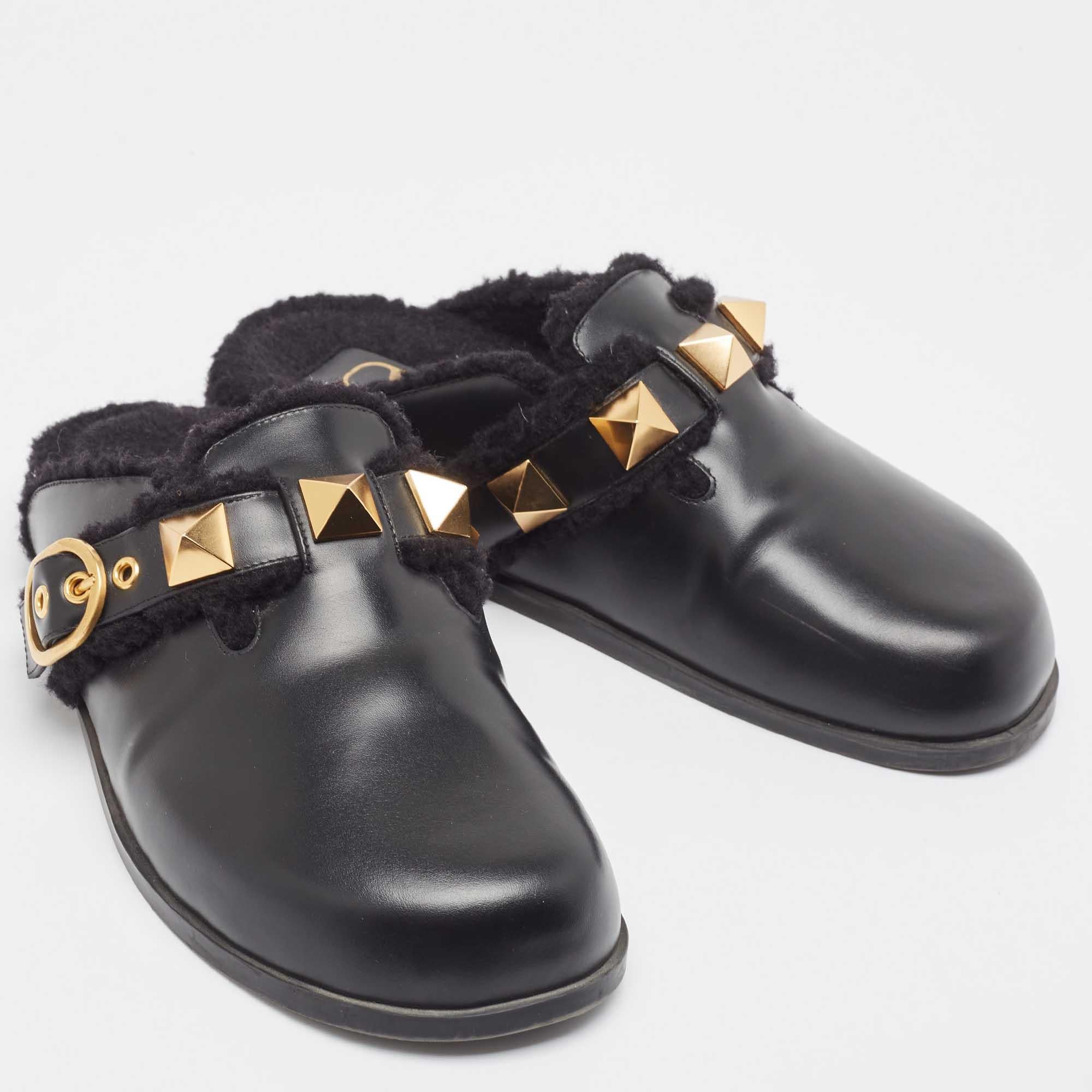 Women's Valentino Black Leather Roman Stud Sabot Flat Clogs Size 38.5