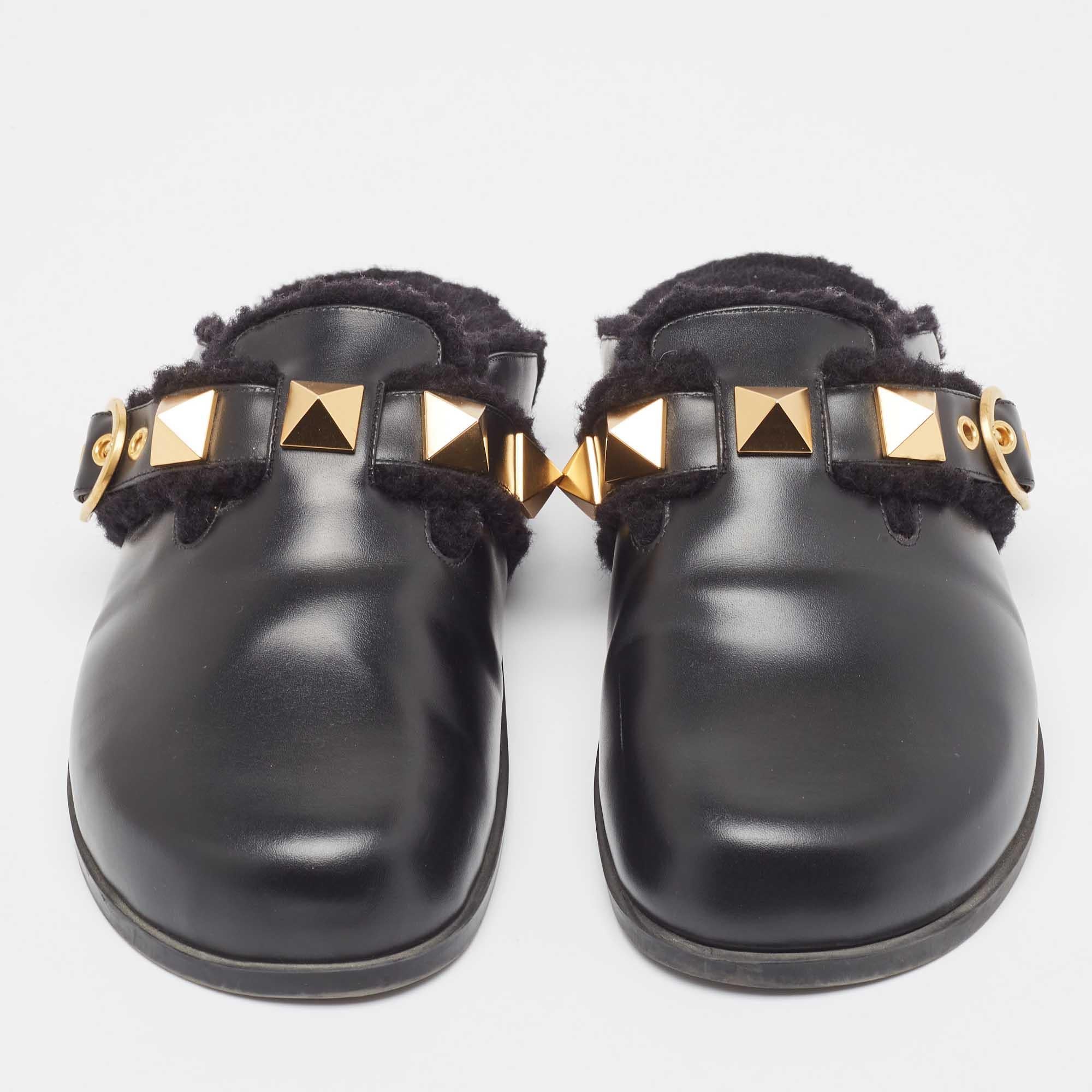 Women's Valentino Black Leather Roman Stud Sabot Flat Clogs Size 38.5