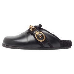 Valentino Black Leather Roman Stud Sabot Flat Clogs Size 38.5