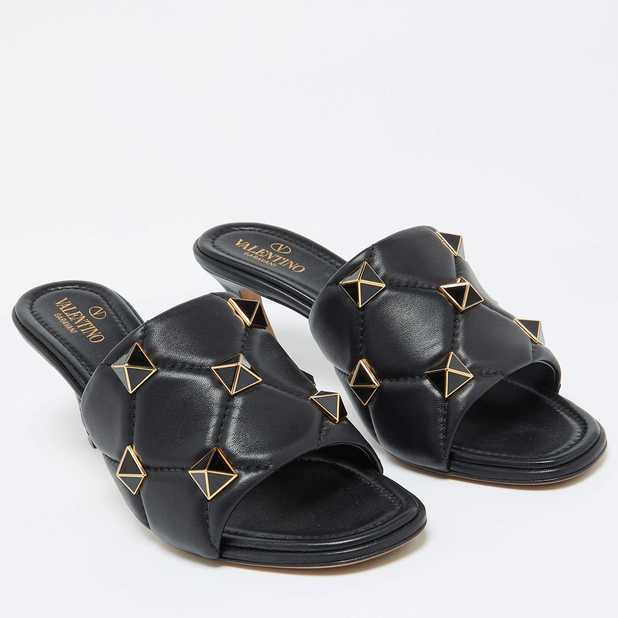 Women's Valentino Black Leather Roman Stud Slide Sandals 39.5