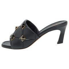 Used Valentino Black Leather Roman Stud Slide Sandals 39.5