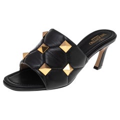 Valentino Black Leather Roman Stud Slide Sandals Size 37