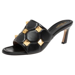 Valentino Black Leather Roman Stud Slide Sandals Size 39.5