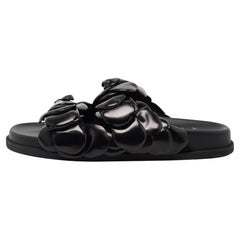Valentino Black Leather Rose Atelier Fat Slides Size 38