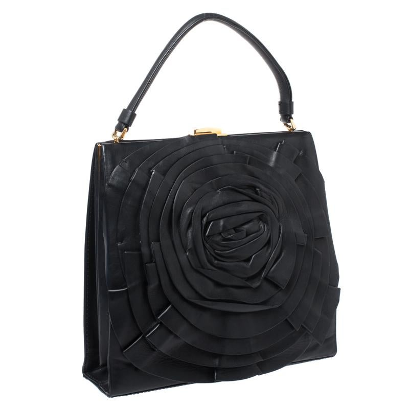 Valentino Black Leather Rose Kisslock Frame Top Handle Bag 1