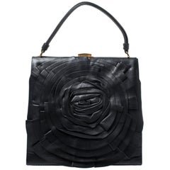 Valentino Black Leather Rose Kisslock Frame Top Handle Bag