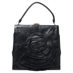 Valentino Black Leather Rose Kisslock Frame Top Handle Bag