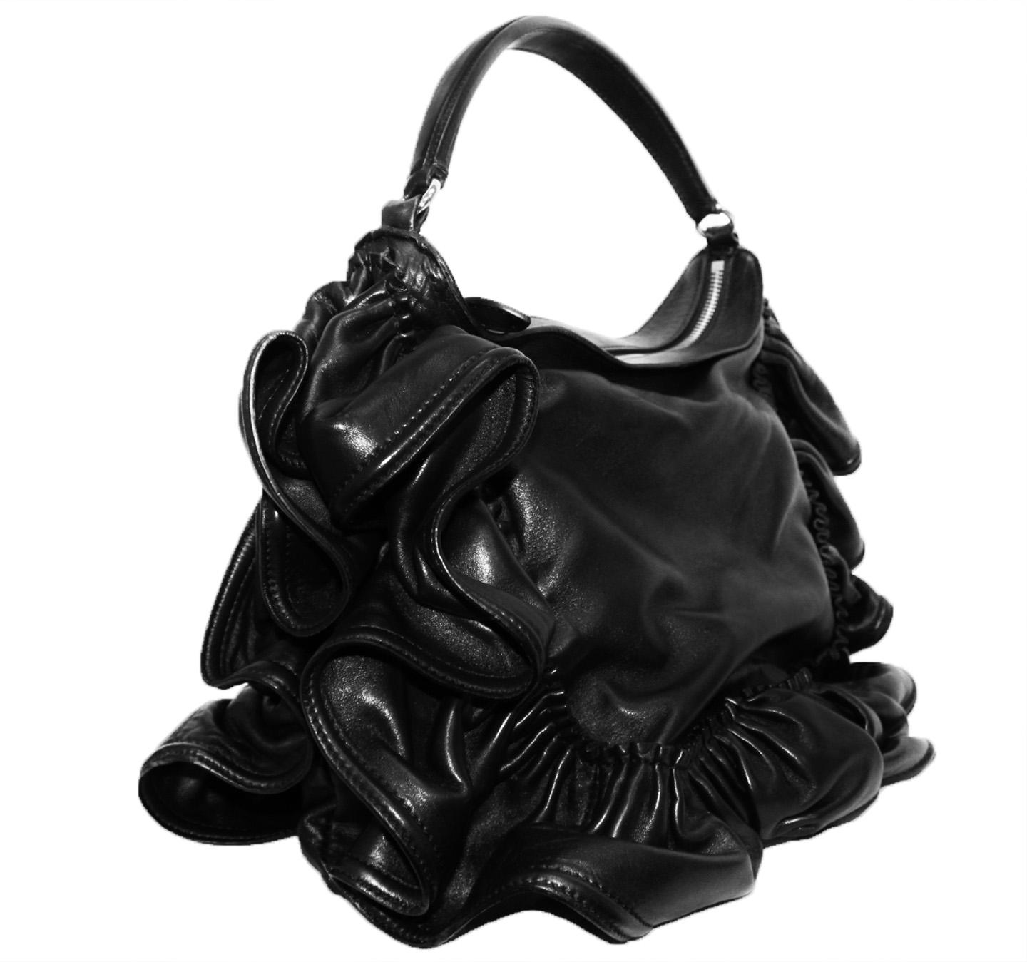 Women's Valentino Black Leather Ruffle Frame Top Handle Bag
