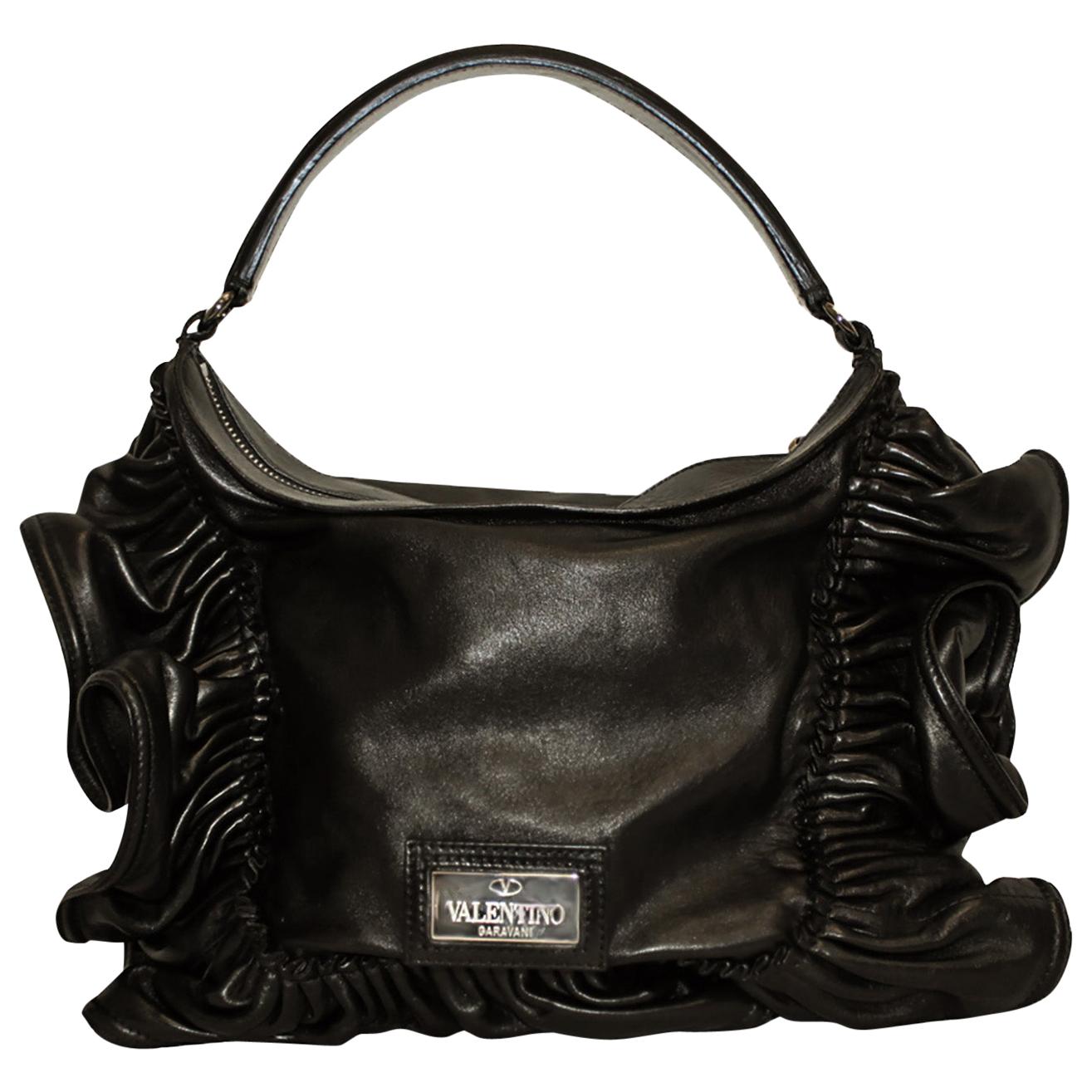 Valentino Black Leather Ruffle Frame Top Handle Bag