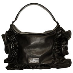 Valentino Black Leather Ruffle Frame Top Handle Bag