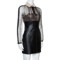 Valentino Black Leather Skirt Embellished Collar Detail Dress S