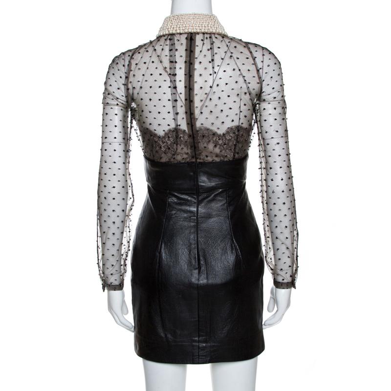 Valentino Black Leather Skirt Embellished Collar Detail Dress S In Good Condition In Dubai, Al Qouz 2