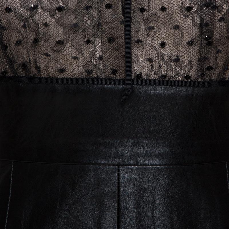 Valentino Black Leather Skirt Embellished Collar Detail Dress S 2