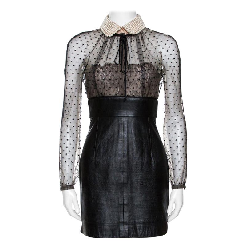 Valentino Black Leather Skirt Embellished Collar Detail Dress S