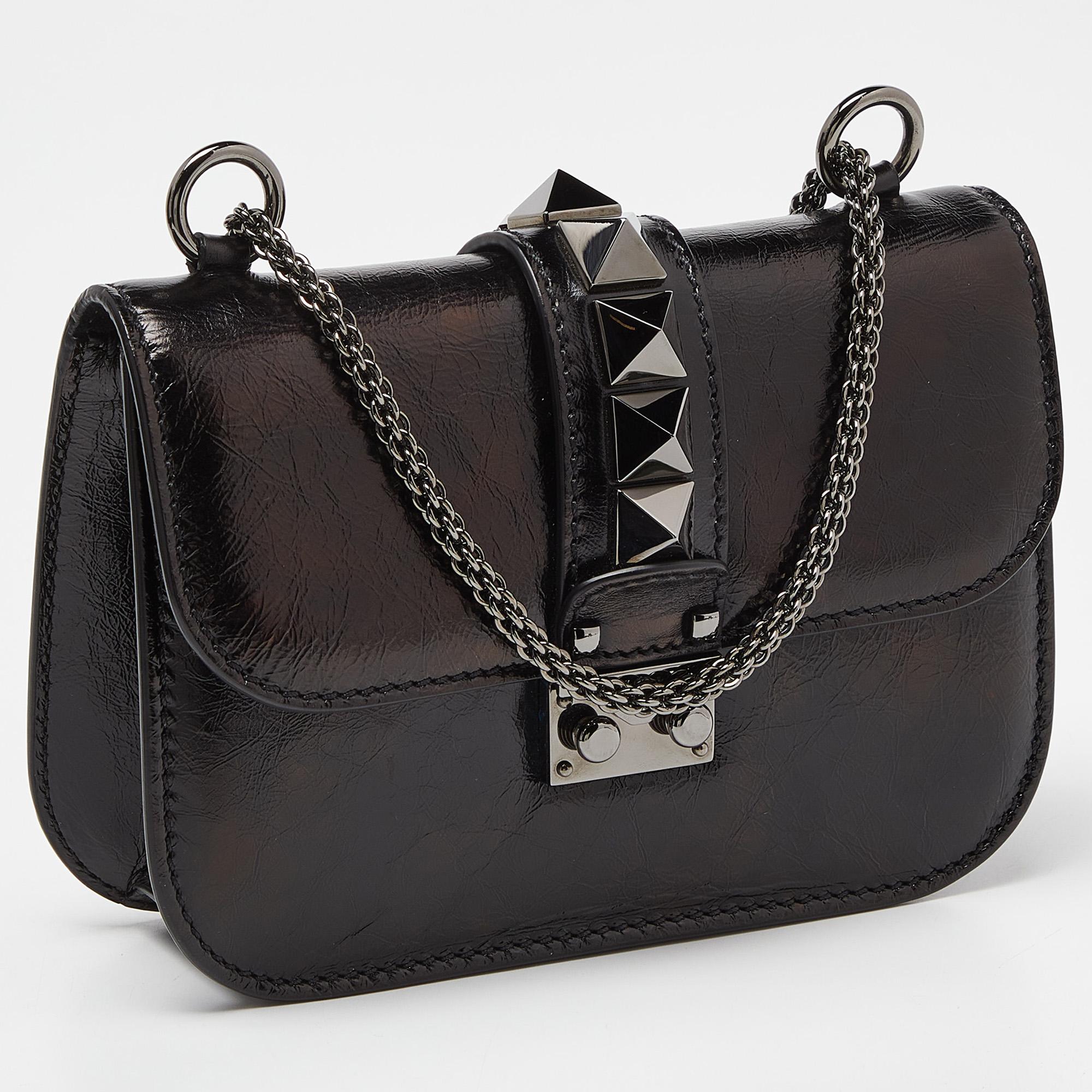 Valentino Black Leather Small Rockstud Glam Lock Flap Bag For Sale 6